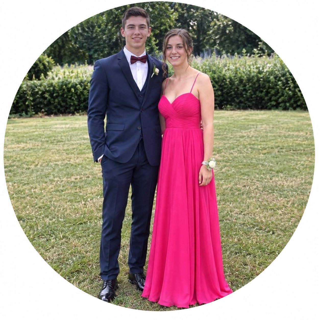 Un homme en costume sombre et une femme en longue robe rose vif posent côte à côte dans un jardin arboré.